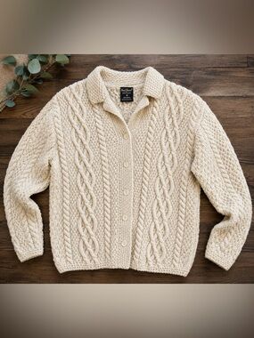 Vintage Paul James England 100% Wool Irish Cable Knit Cardigan Sweater Medium